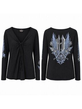 Harley Davidson Womens Size Large Black V-Neck Shirt Wings Graphic Sleeve L